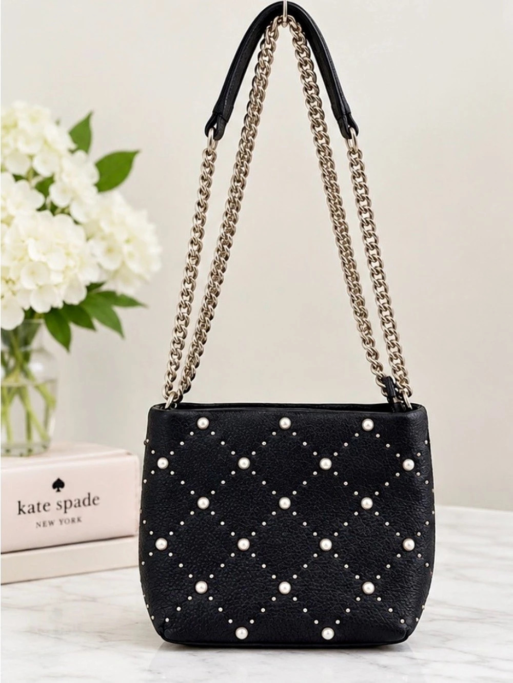 kate spade New York Leather Faux Pearl Studded Shoulder Bag in Black